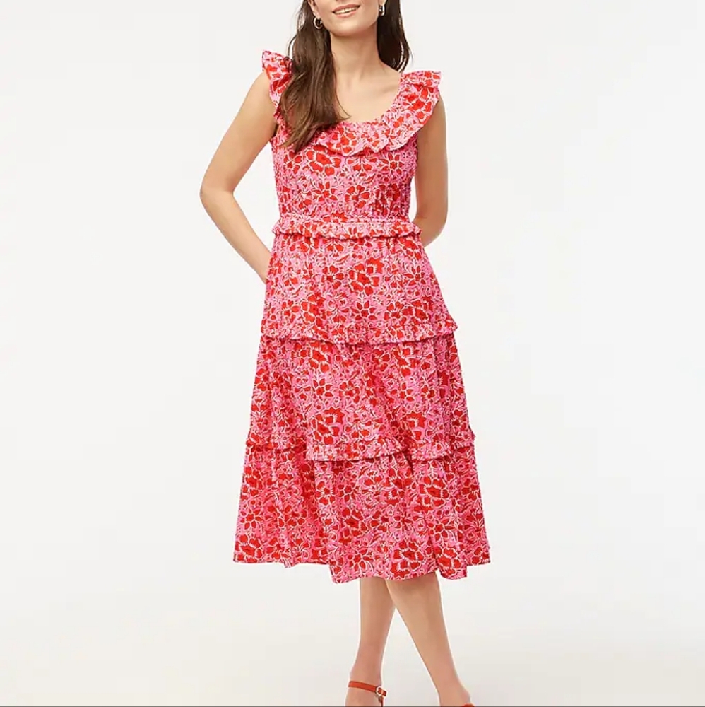 J. Crew Red Ruffled Sundress with Flutter Sleeves